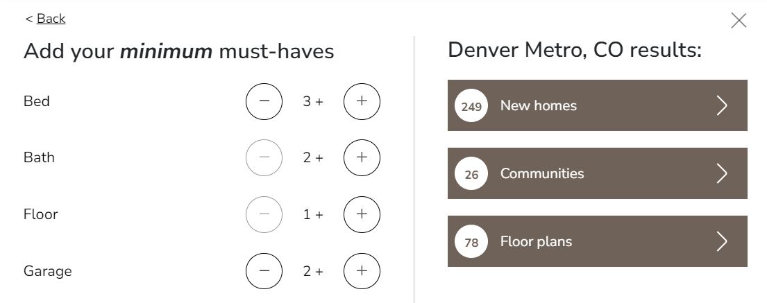 Minimum must-have home filters menu and buttons to access new homes, communities and floor plans that meet search criteria