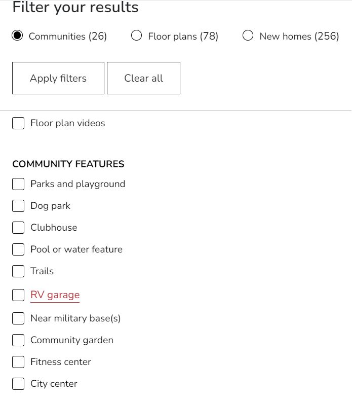 Dropdown menu with amenity filters
