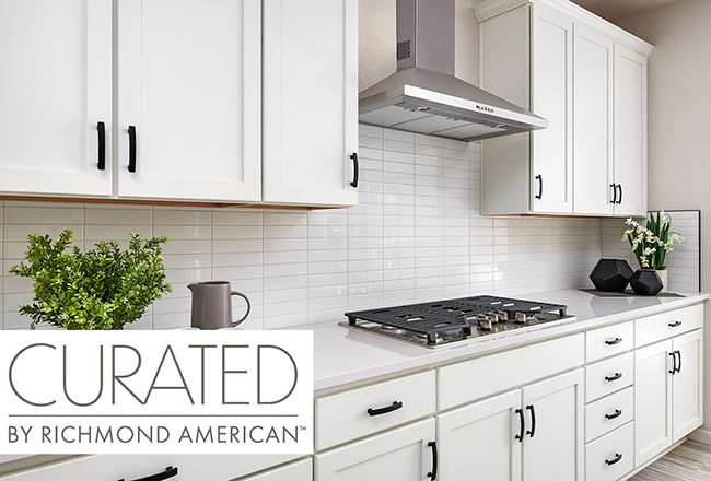 White cabinets in a kitchen with the Curated By Home Gallery logo