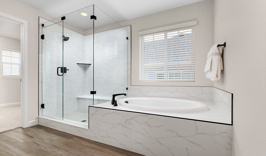 Beautifully curated finishes in a primary bath, with a walk-in shower and large bathtub