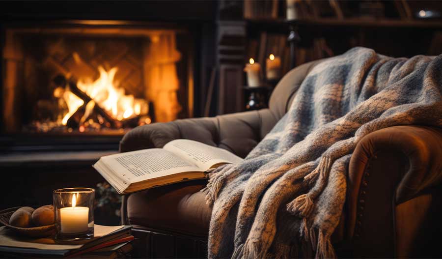 Cozy blanket on a chair near a fireplace