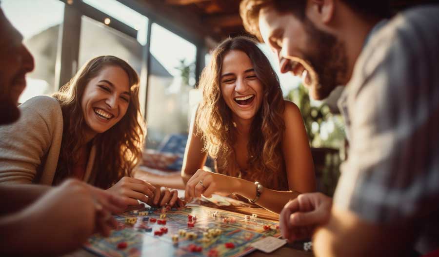 A host and their group of friends playing a board game and laughing