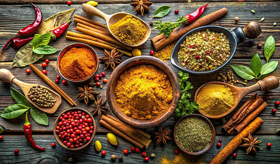 Arrangement of fancy spices on a table