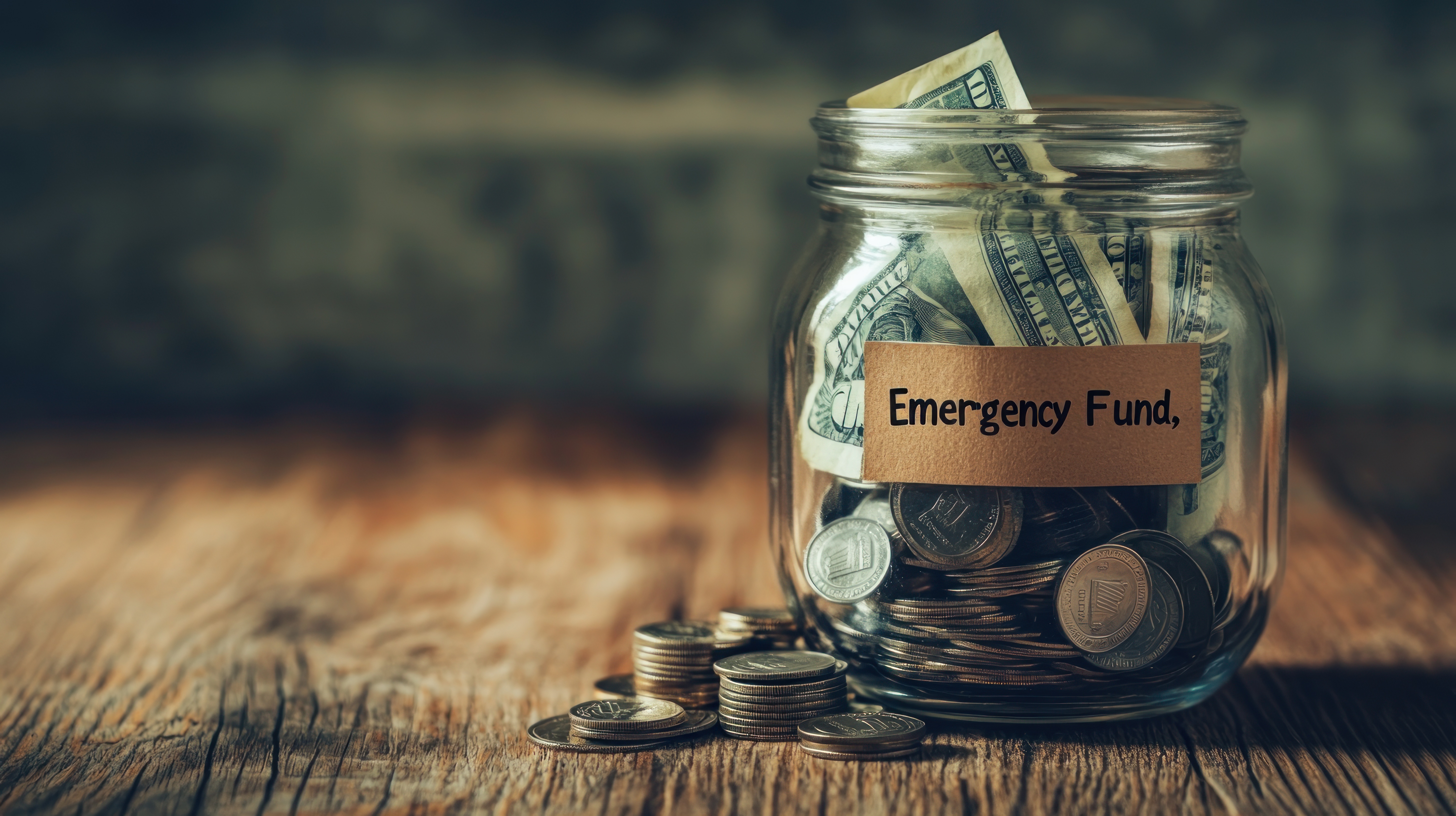 Jar full of cash with emergency fund label