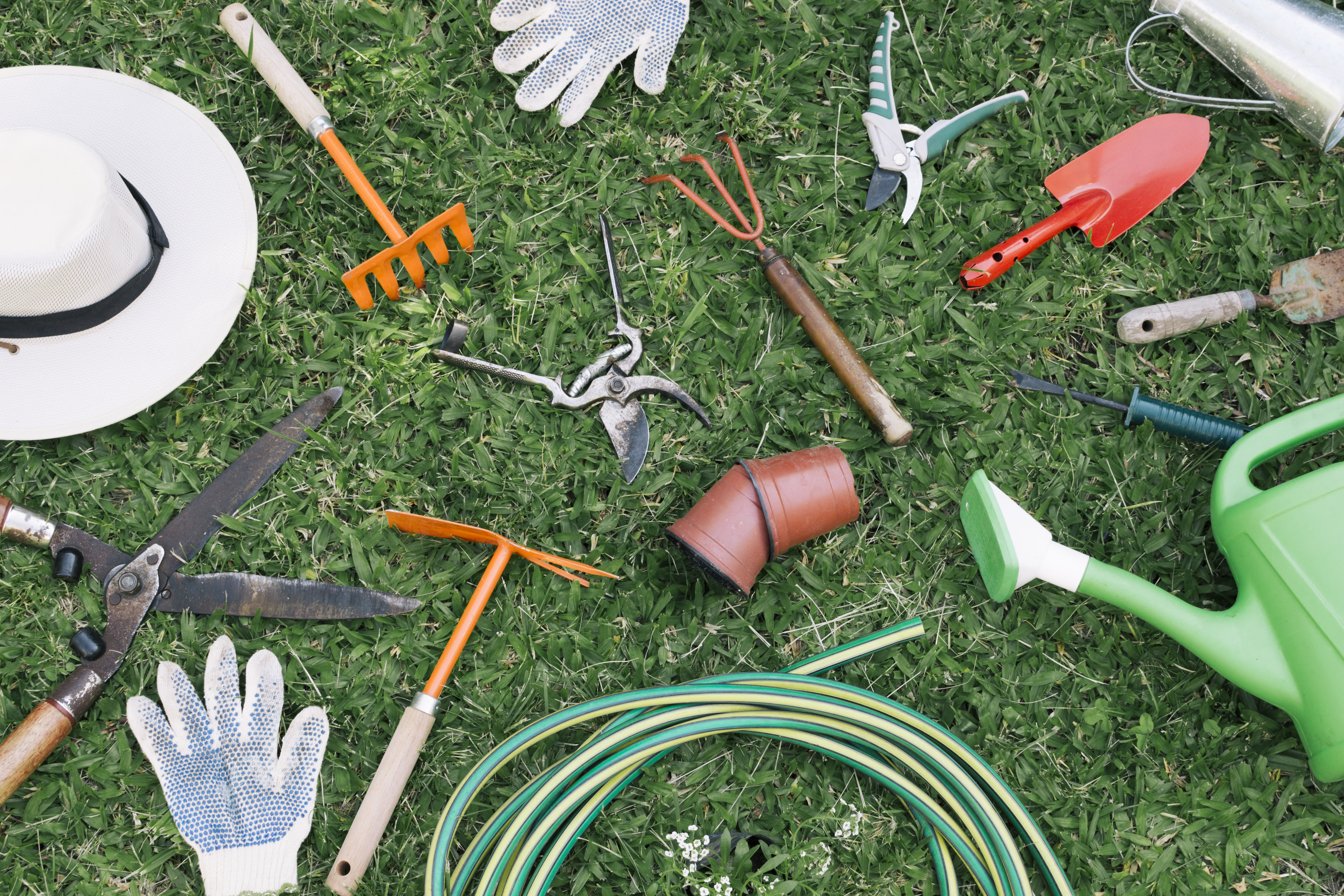 Yard maintenance tools, such as shears, gloves, a hose, and more, displayed on a lawn